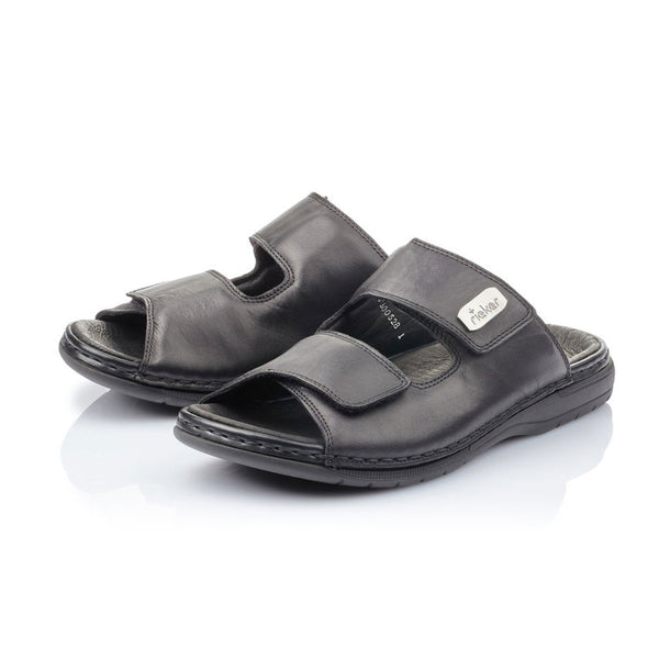 RIEKER sort skind sandal med velcroremme,